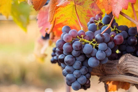 close-up of grapes, with their juicy and sweet fruit, against the backdrop of beautiful autumn vineyards, created with generative aiの素材