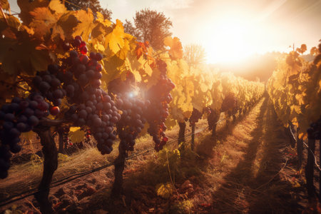 vineyard in autumn, with warm sun shining on grape harvest, created with generative aiの素材