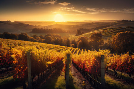 magnificent vineyard, with rolling hills and autumn sun setting behind the vines, created with generative aiの素材