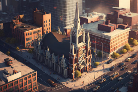 church in city against backdrop of skyscrapers and houses, aerial view of busy city street, created with generative aiの素材