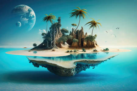 a surreal float island with a tropical lagoon and palm trees surrounded by crystal blue water., created with generative aiの素材