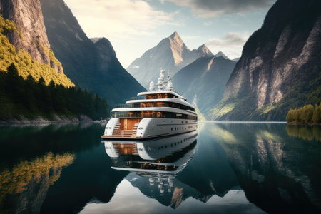 luxury yacht docked in crystal-clear river, with mountains visible in the background, created with generative aiの素材