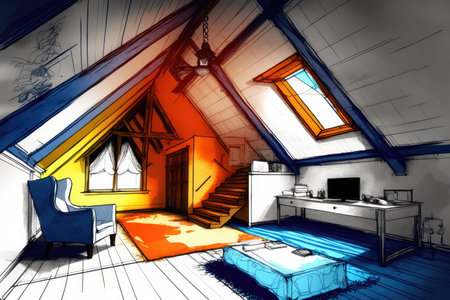 sketch of an open attic, with vibrant colors and unique decor visible, created with generative aiの素材