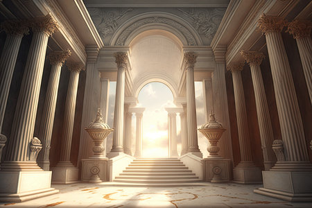 a grand entrance, with stone pillars and a marble floor, leading to heavens gates, created with generative aiの素材