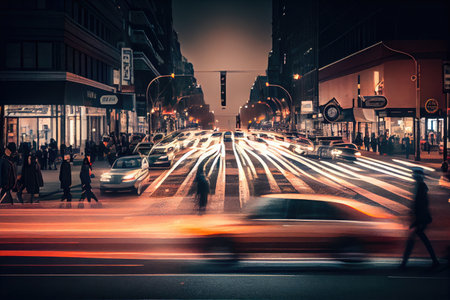 a long exposure of a busy city street, with cars and people whizzing by in blur, created with generative aiの素材