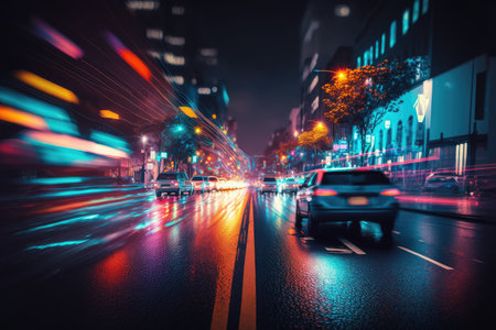 neon night city crossing with speeding cars, blurry and abstract background, created with generative aiの素材