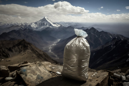 mountaintop, with view of the world below, and a plastic bottle trashbag in the foreground, created with generative aiの素材