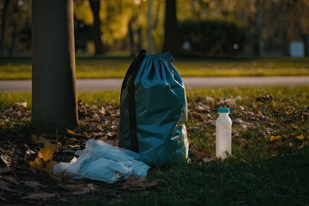 plastic bottle with garbage inside, next to bin and bag in the park, created with generative aiの素材