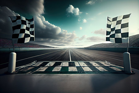 race track, with view of the finish line and checkered flag for dramatic finish, created with generative aiの素材
