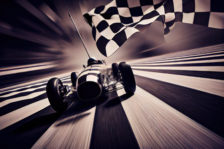 racing car, speeding past the checkered flag, crossing finish line, created with generative aiの素材