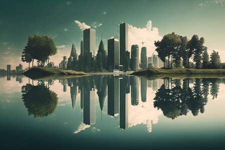 reflection of skyscrapers in a tranquil lake, created with generative aiの素材