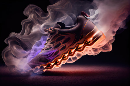close-up of sport shoes, with magical smoke rising from the soles, created with generative aiの素材
