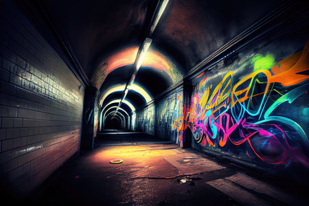 subway tunnel with flickering fluorescent lights and graffiti art, created with generative aiの素材