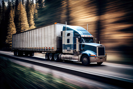 truck with trailer transporting goods and speeding along forest road, created with generative aiの素材