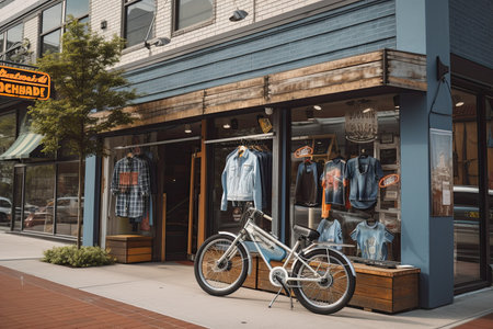 80s-style store exterior with retro bicycle and jean jacket hanging outside, created with generative aiの素材