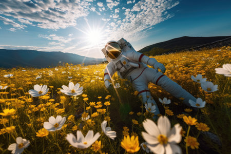 astronaut floating through sun-dappled field of flowers, with majestic mountains in the background, created with generative aiの素材