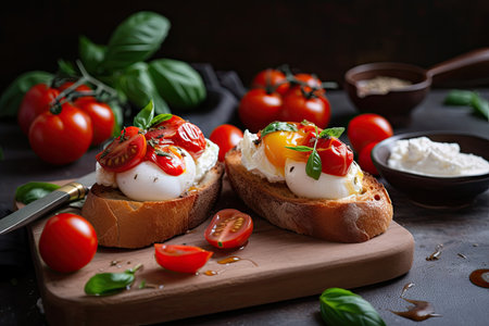 serving of brushetta with juicy cherry tomatoes, fragrant basil and creamy burrata cheese, created with generative aiの素材