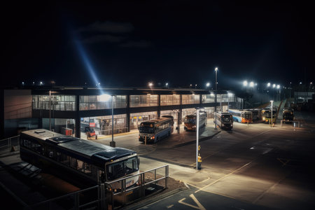bus depot at night, with the moon shining overhead and a full view of the bus terminal, created with generative aiの素材