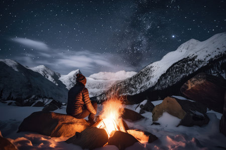 campfire warming the hands of a hiker, surrounded by snowy mountains and starry sky, created with generative aiの素材