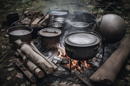 campfire surrounded by cooking pots and pans, ready for a hot meal, created with generative aiの素材