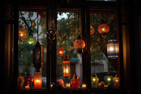 close-up of window with lanterns and decorations visible from the outside, created with generative aiの素材