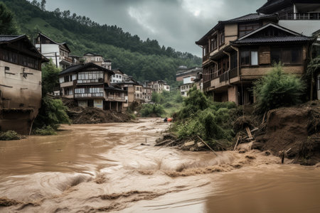 climate change-related natural disasters and their consequences, such as flooding and landslides, created with generative aiの素材