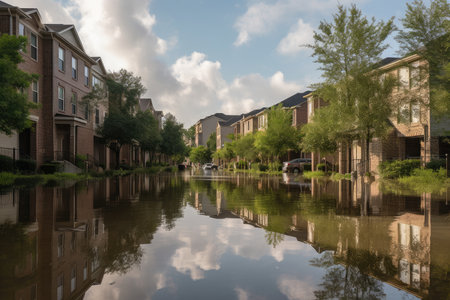 flooding in a residential neighborhood due to climate change, created with generative aiの素材