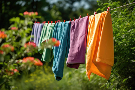 clothesline with colorful towels hanging among greenery, created with generative aiの素材