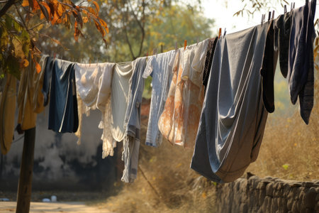 a clothesline sagging with the weight of freshly dried laundry, created with generative aiの素材