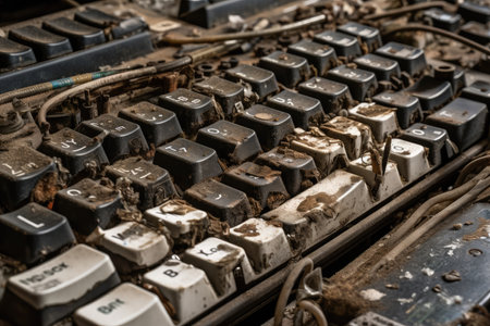 close-up of discarded computer keyboard, with keys showing signs of wear, created with generative aiの素材