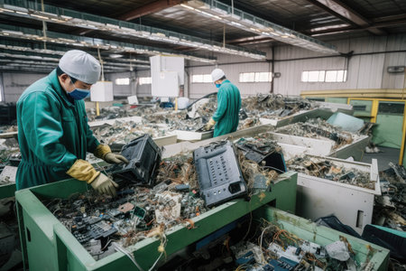 e-waste recycling plant, with workers sorting and dismantling used electronics, created with generative aiの素材