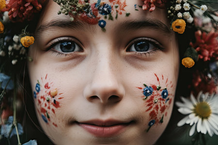 close-up of girls face, with flowers blooming on her cheeks and nose, created with generative aiの素材