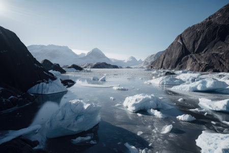 freezing fiord, with view of massive glacier in the distance, created with generative aiの素材