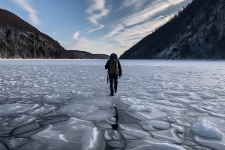 person, walking through frozen fjord, with snowshoes and backpack visible, created with generative aiの素材