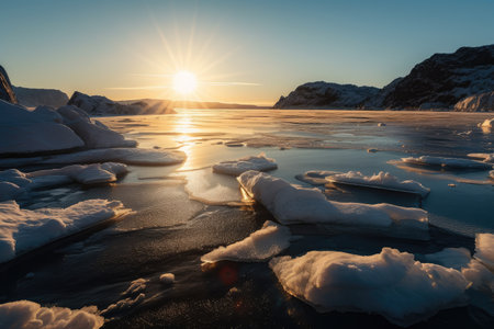 frozen fiord, with view of the sun rising over the horizon, casting warm light on its icy surface, created with generative aiの素材