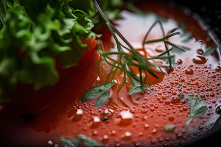 close-up of gazpacho, with droplets of juice and herbs visible, created with generative aiの素材