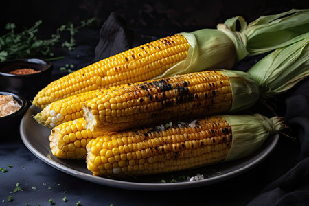 grilled corn cobs on serving plate, with sprinkle of salt and pepper, created with generative aiの素材