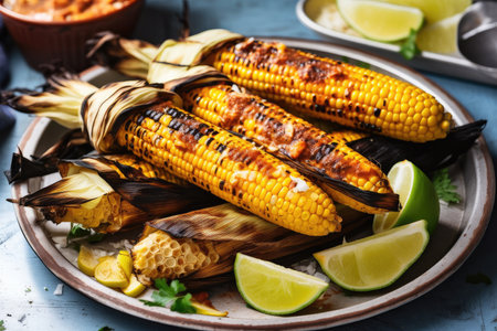 grilled corn cobs, piled on platter with grilled fish and lemon wedges, created with generative aiの素材