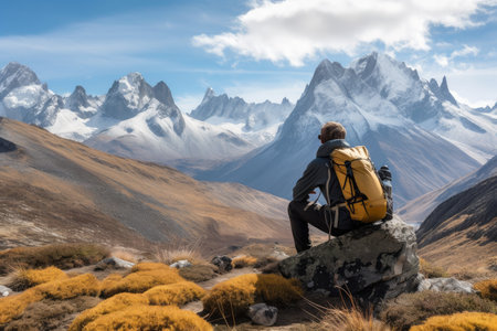 hiker enjoying a rest with view of mountain peaks in the background, created with generative aiの素材