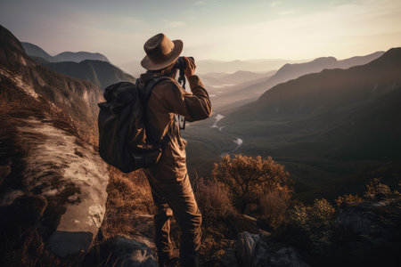 hiker, with backpack and camera, capturing the beauty of nature, created with generative aiの素材