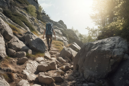 hiker climbing over rocky trail with backpack in view, created with generative aiの素材