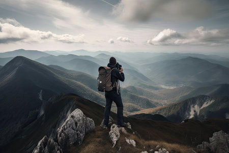 hiker, with backpack and camera, capturing stunning view of mountain range, created with generative aiの素材