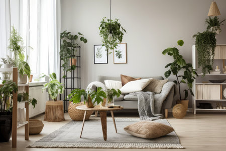a cozy living room with handpicked plants and greenery, creating a relaxing atmosphere, created with generative aiの素材