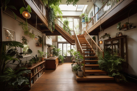 high-ceilinged space with lush plants and greenery, created with generative aiの素材