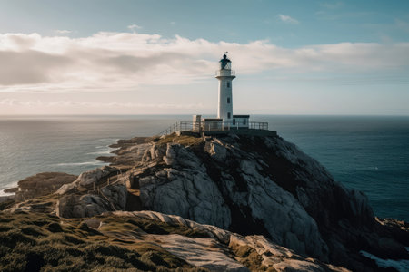 lighthouse, perched on top of rocky cliff, overlooking the sea, created with generative aiの素材