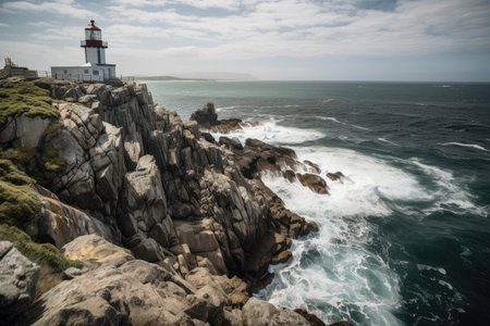lighthouse, standing tall on rocky cliff, with view of the sea, created with generative aiの素材