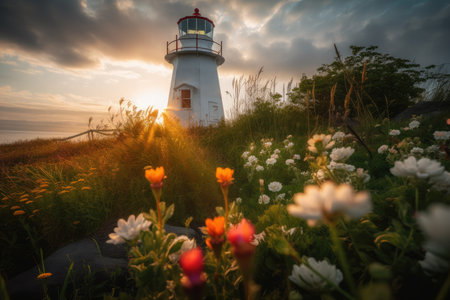 lighthouse surrounded by blooming flowers, symbolizing new life, created with generative aiの素材