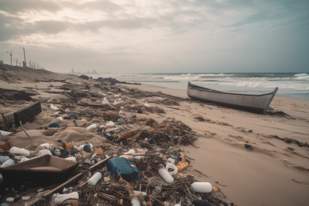 littering on the beach, with trash and detritus washed up by waves, created with generative aiの素材