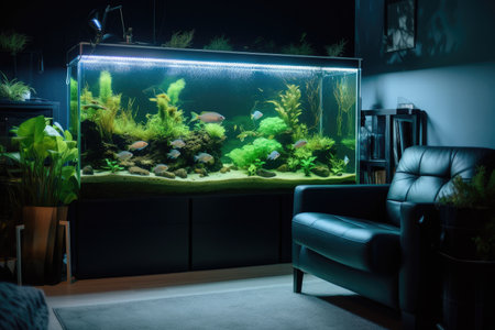relaxing room with aquarium, fish swimming peacefully, and soft music in the background, created with generative aiの素材