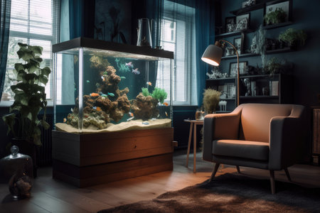 relaxing living room with aquarium and cozy armchair, perfect for reading and meditation, created with generative aiの素材